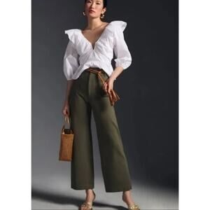Anthropologie White Blouse and Olive Wide Leg Pants